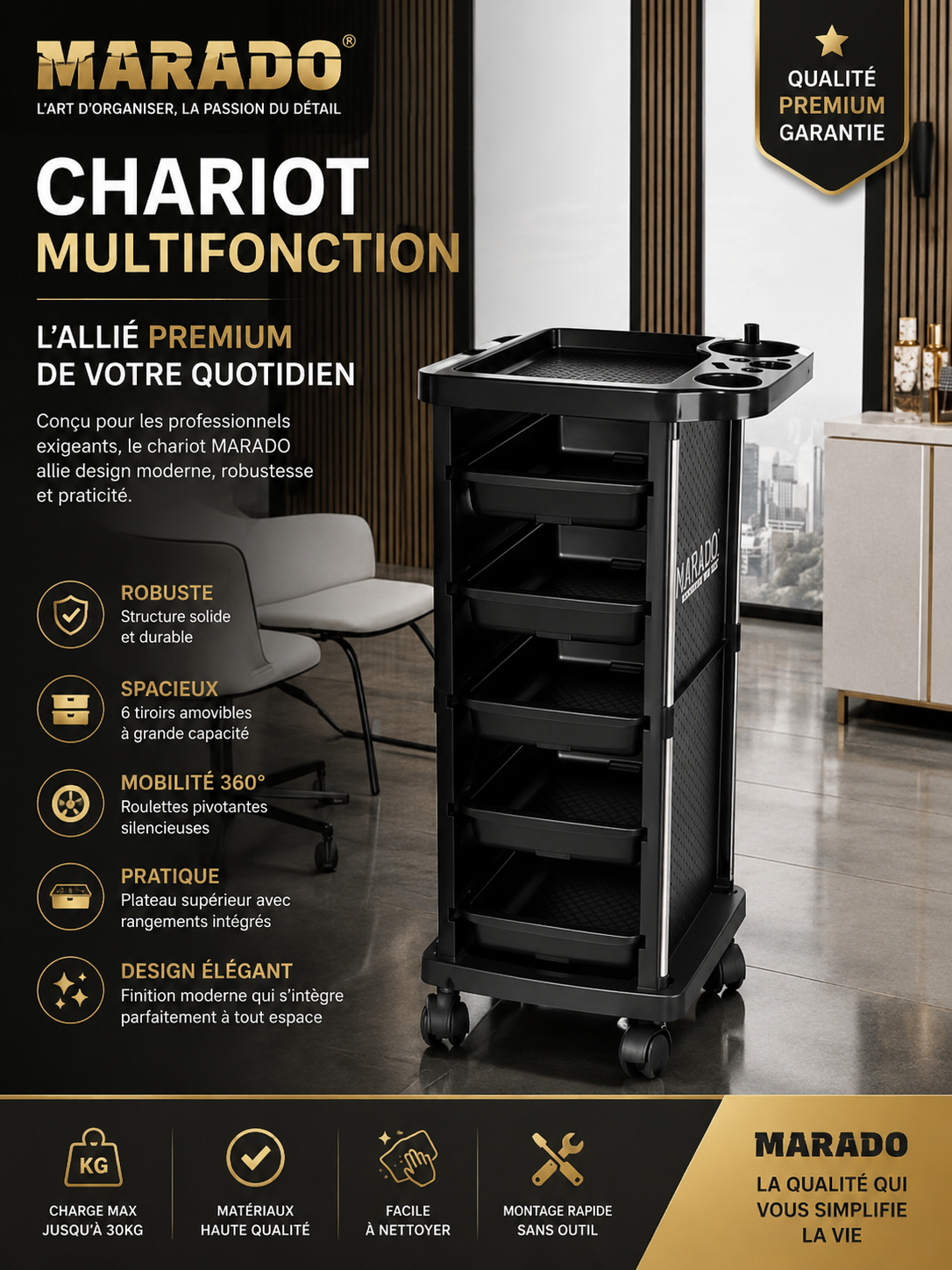 Chariot de coiffure professionnel à roulettes avec tiroirs de rangement