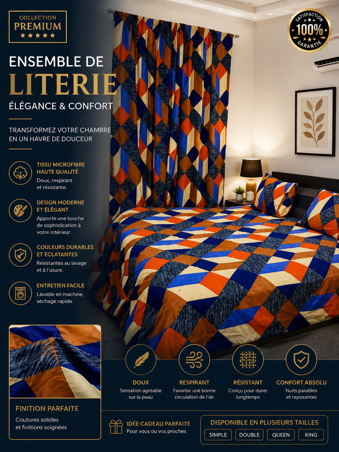 Parure de lit complète avec rideaux assortis, motif géométrique moderne