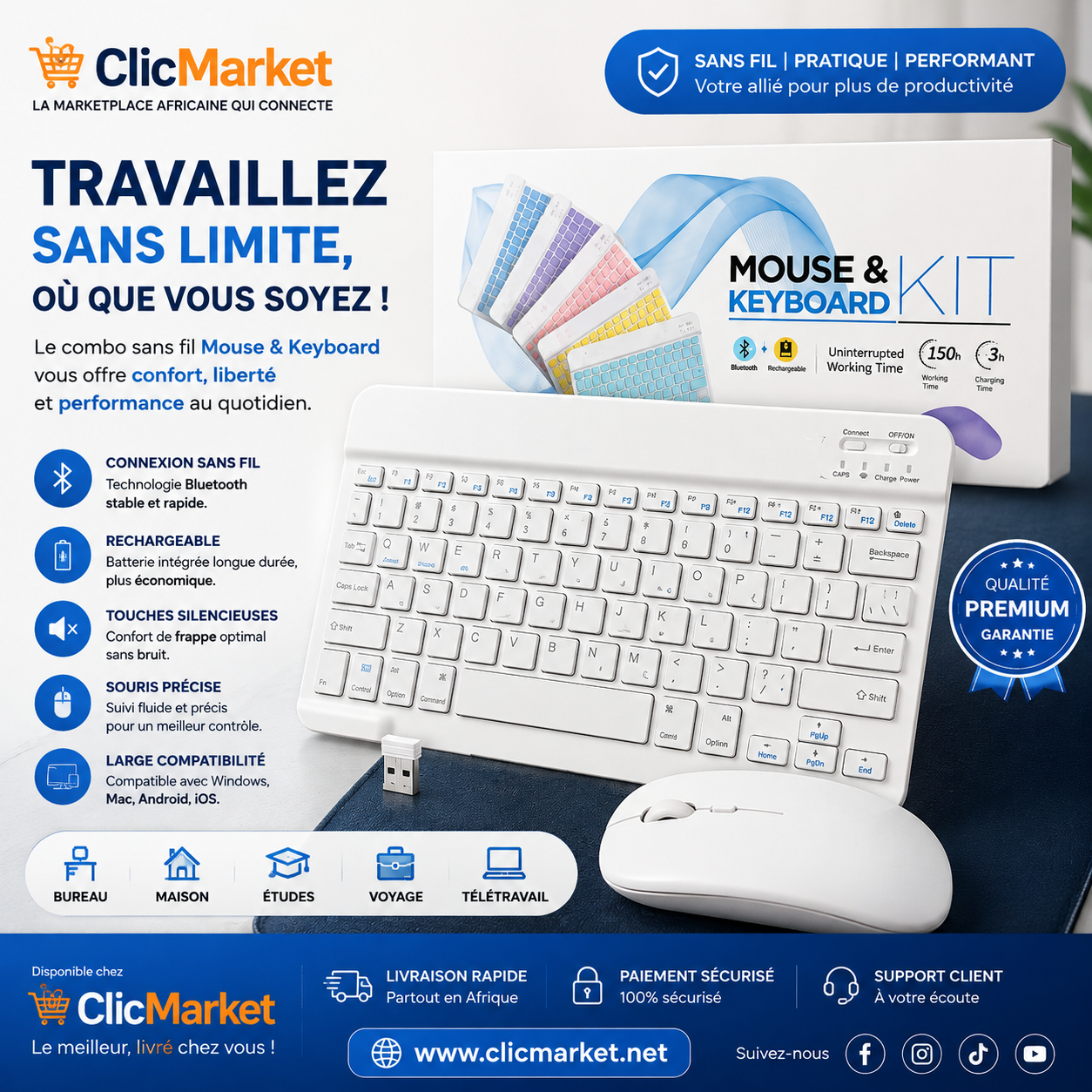 Kit Clavier & Souris Sans Fil Bluetooth, Rechargeable et Silencieux