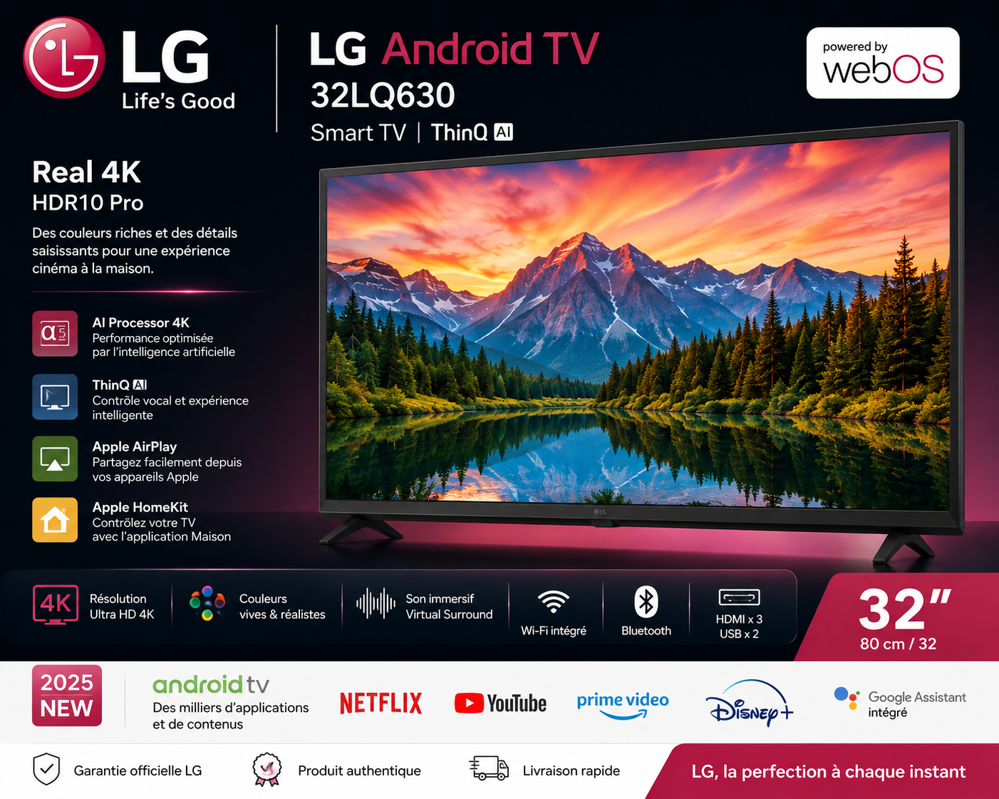 Smart TV LG 32" 32LQ630, 4K HDR10 Pro, Android TV & Wi-Fi