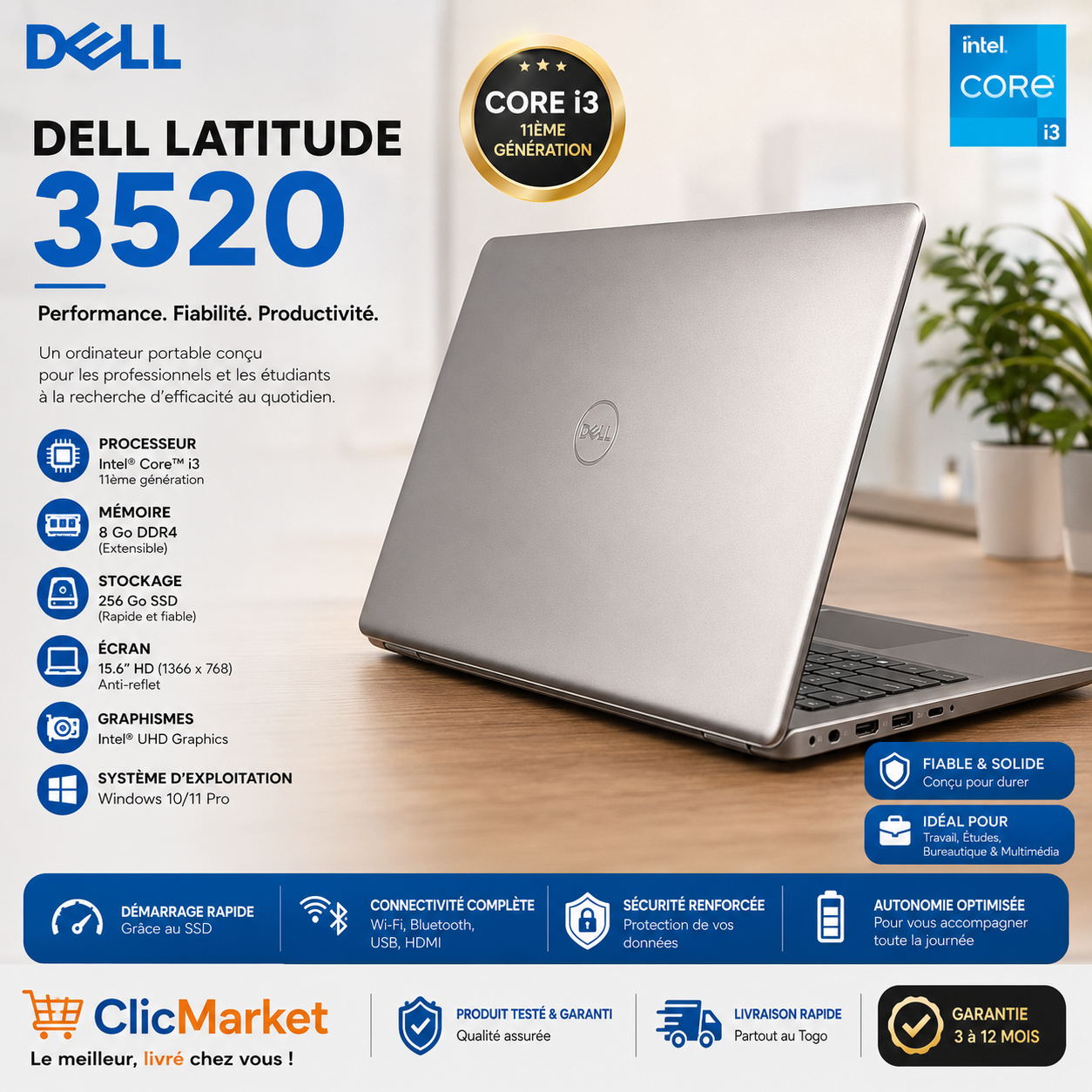 Dell Latitude 3520 Core i3 11e Génération, 8 Go RAM & 256 Go SSD