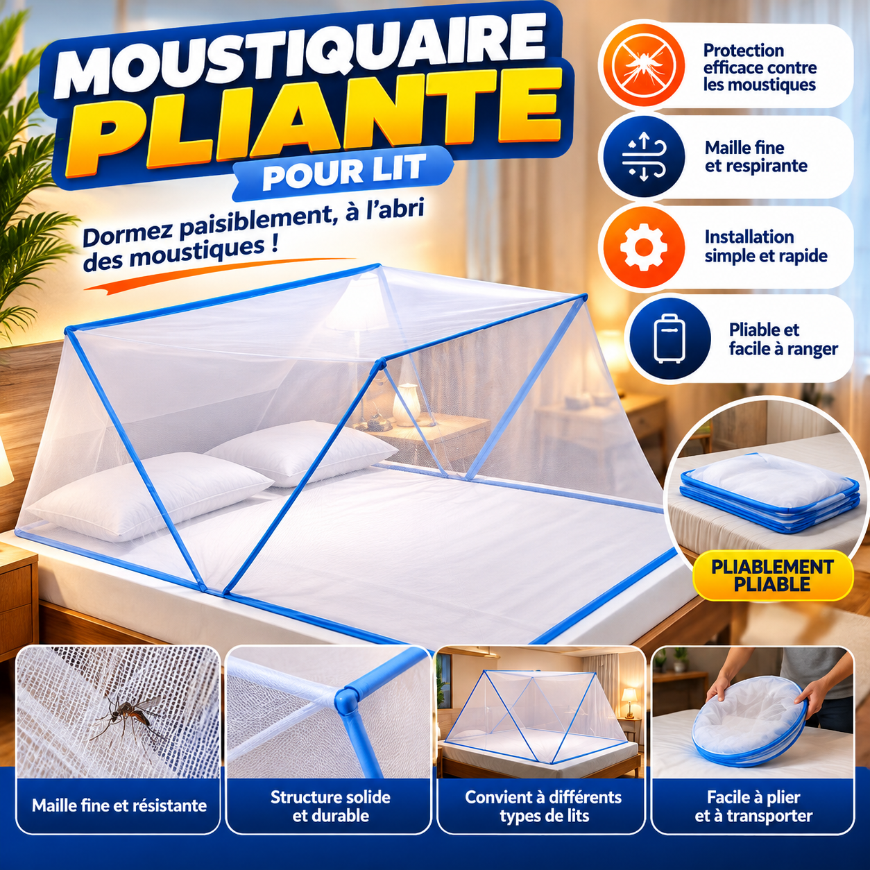 Moustiquaire pliante pour lit, une protection pratique et respirante pour dormir paisiblement à l’abri des moustiques.