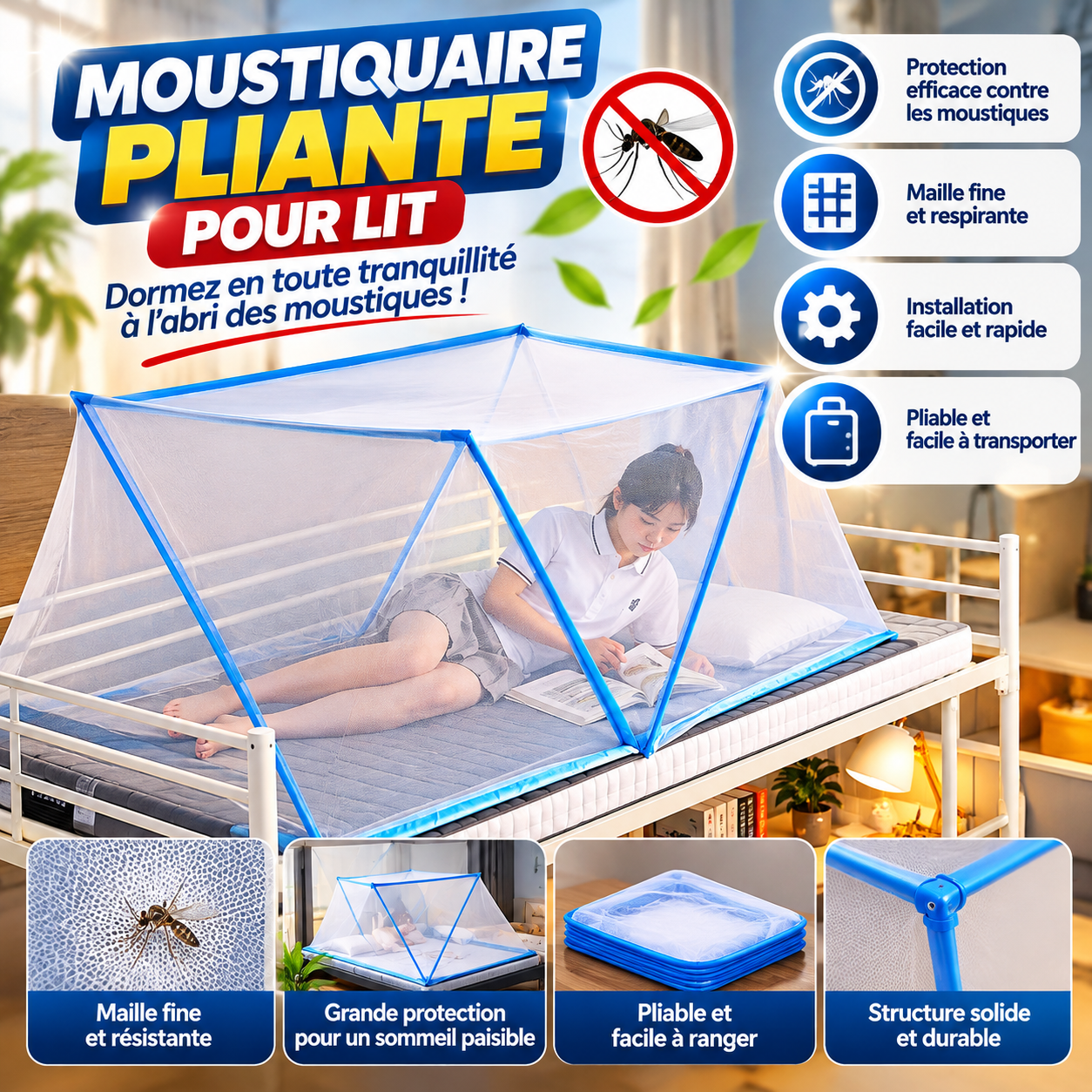 Moustiquaire pliante pour lit, une protection pratique pour des nuits paisibles à l’abri des moustiques.