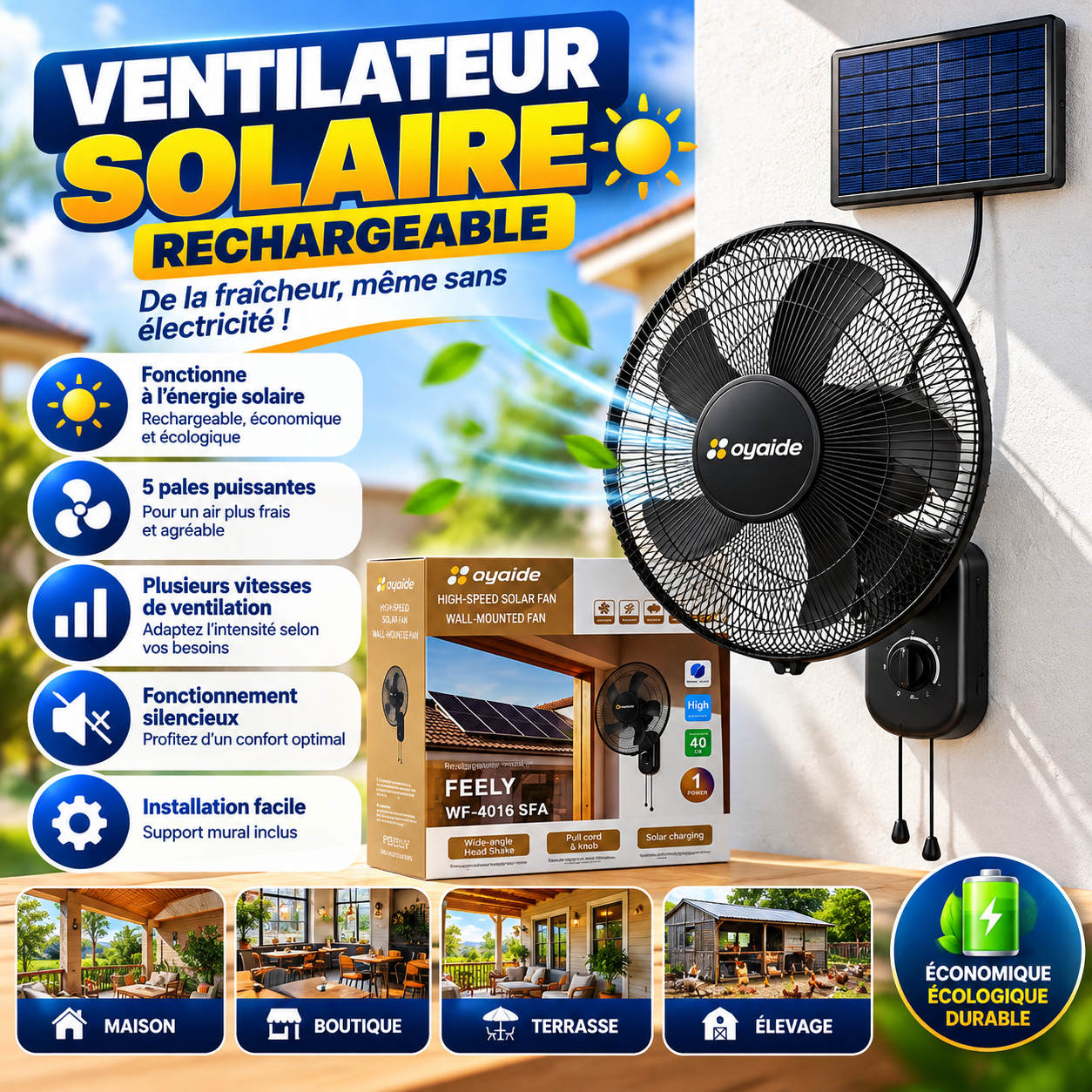 Ventilateur mural solaire rechargeable FEELY WF-4016 SFA, fraîcheur économique et écologique au quotidien.