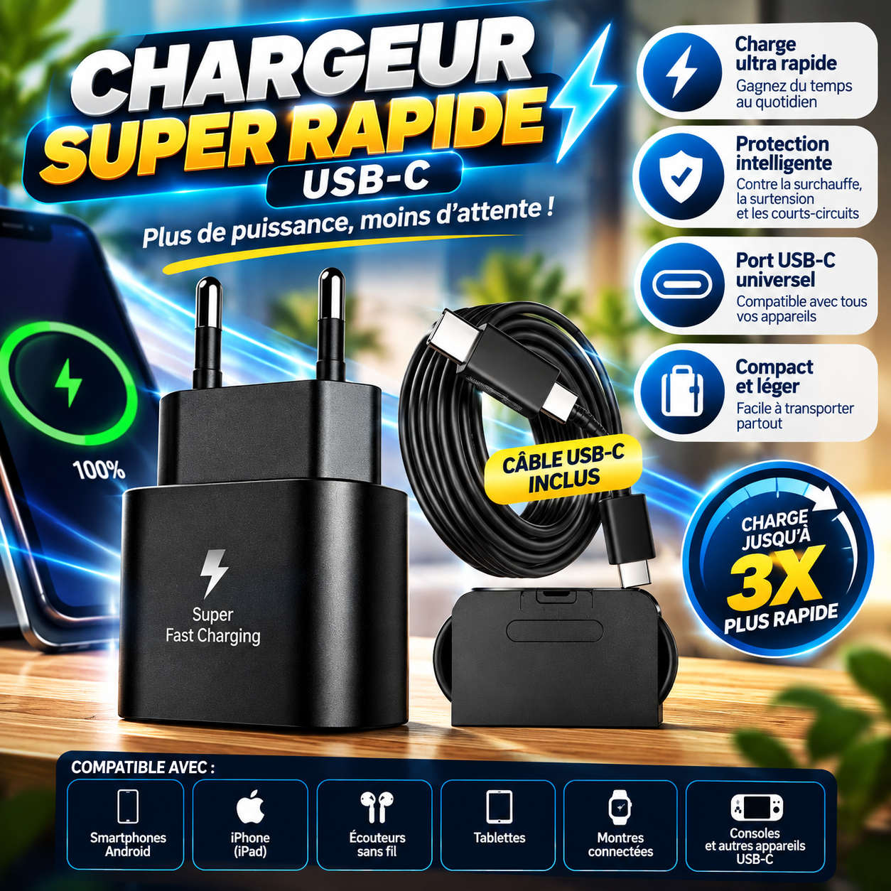 Chargeur USB-C super rapide avec câble inclus, pour une recharge efficace et pratique au quotidien.